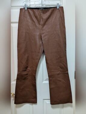 Theory Leather Kick Pull On Bristol Flare Pants Cognac Brown Size 12